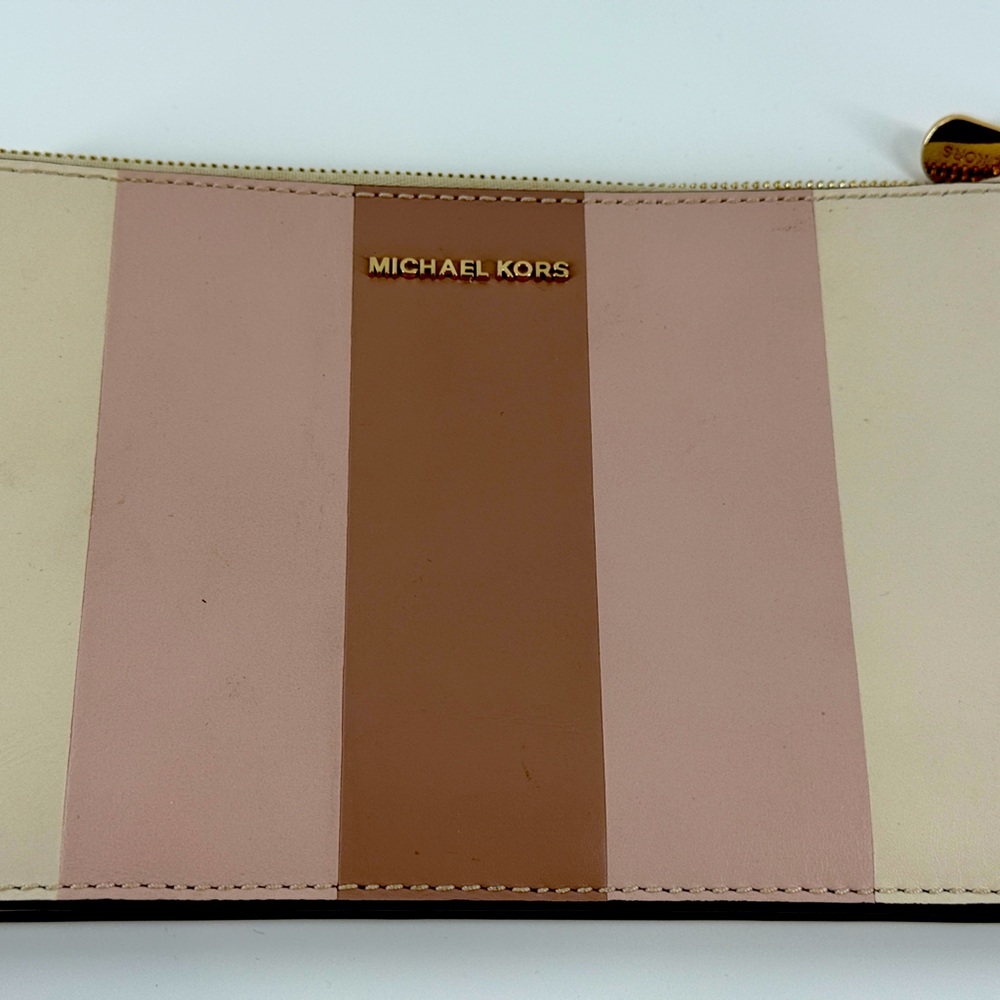 Michael Kors Daniela Stripe Wristlet Clutch Zip Pouch Neutral Pink Beige